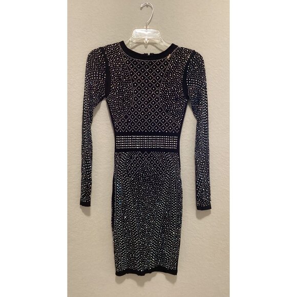 Windsor Black Long Sleeve Rhinestone Studded Bodycon Mini Dress Size XS - Picture 1 of 5